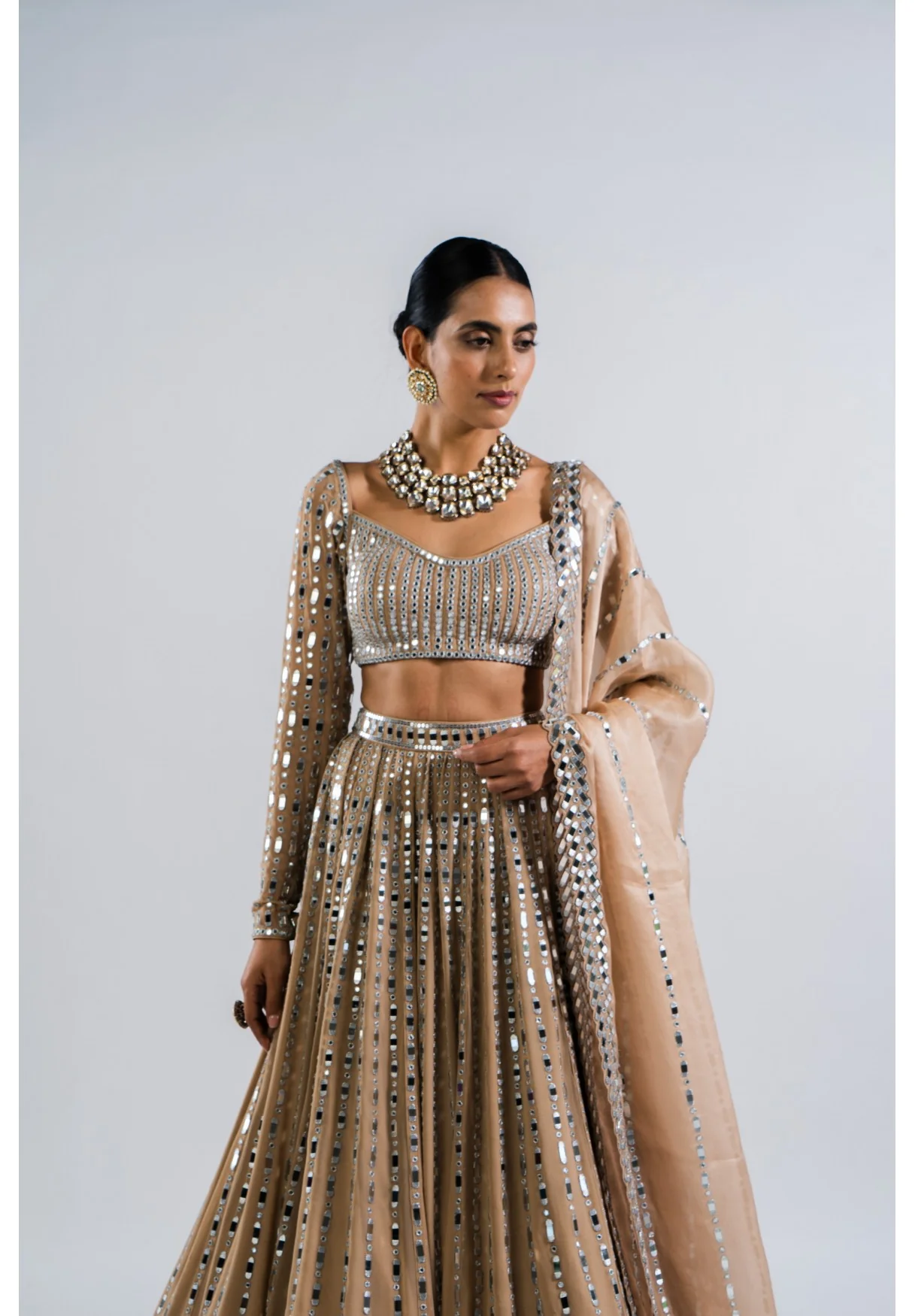 Beige Linear Drop Lehenga Set - Image 3
