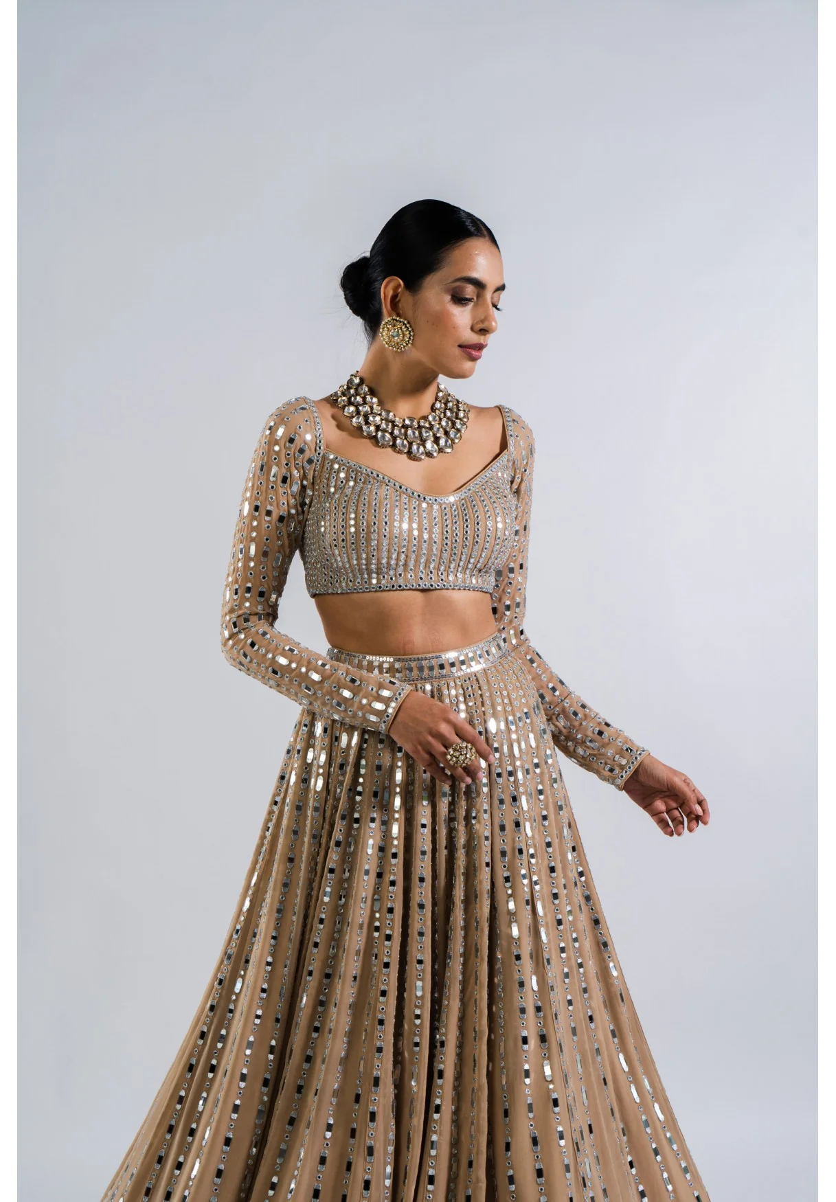 Beige Linear Drop Lehenga Set - Image 4