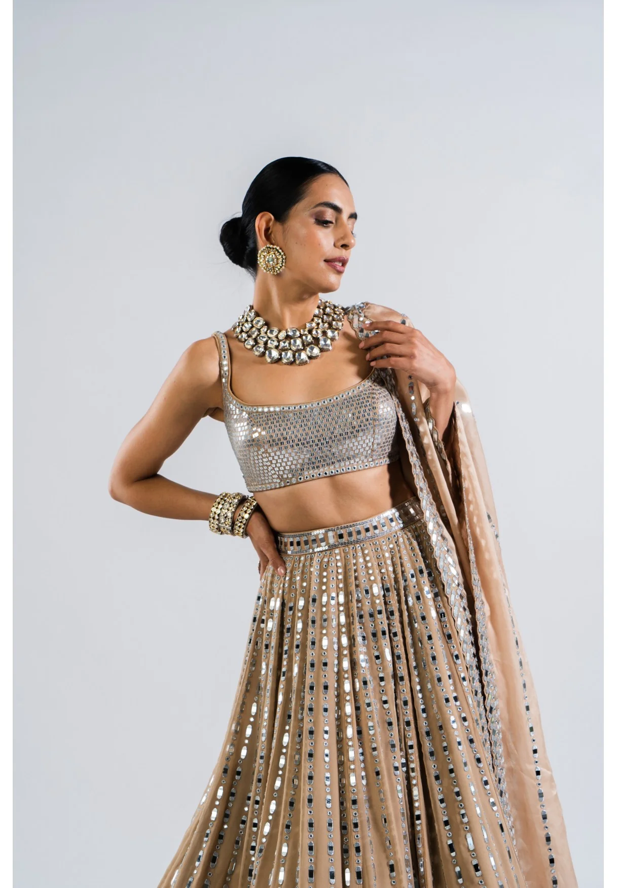 Beige Linear Drop Lehenga With Metallic Blouse - Image 3