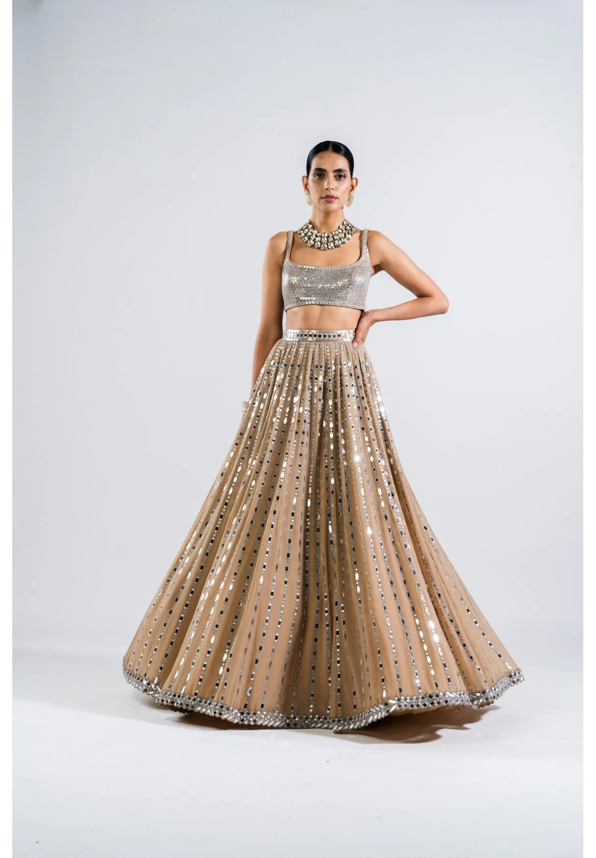 Beige Linear Drop Lehenga With Metallic Blouse - Image 5