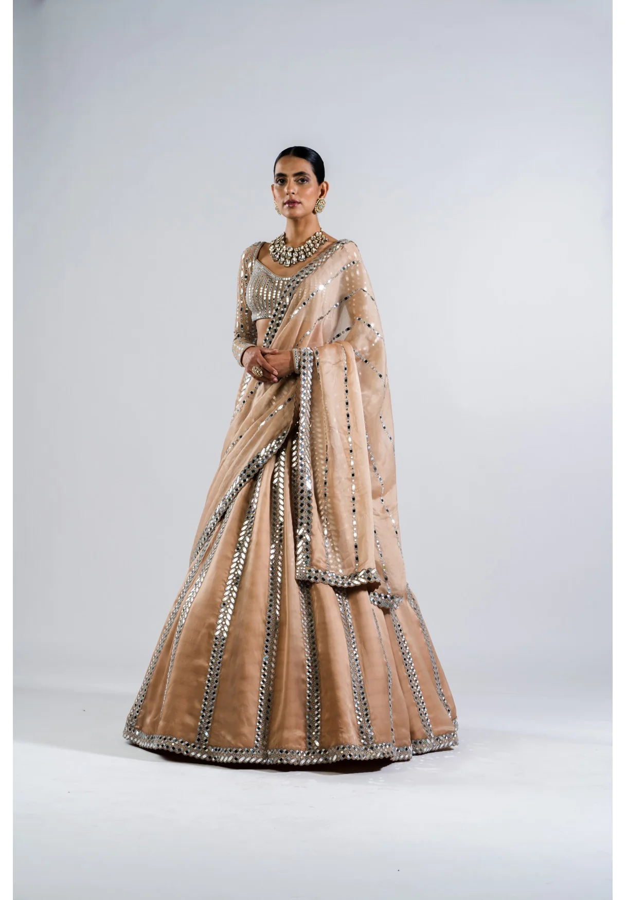 Beige Mirror Seam Lehenga Set - Image 3