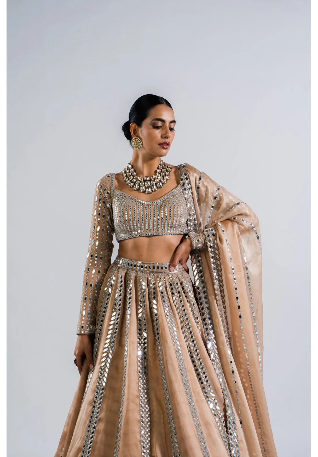 Beige Mirror Seam Lehenga Set - Image 4