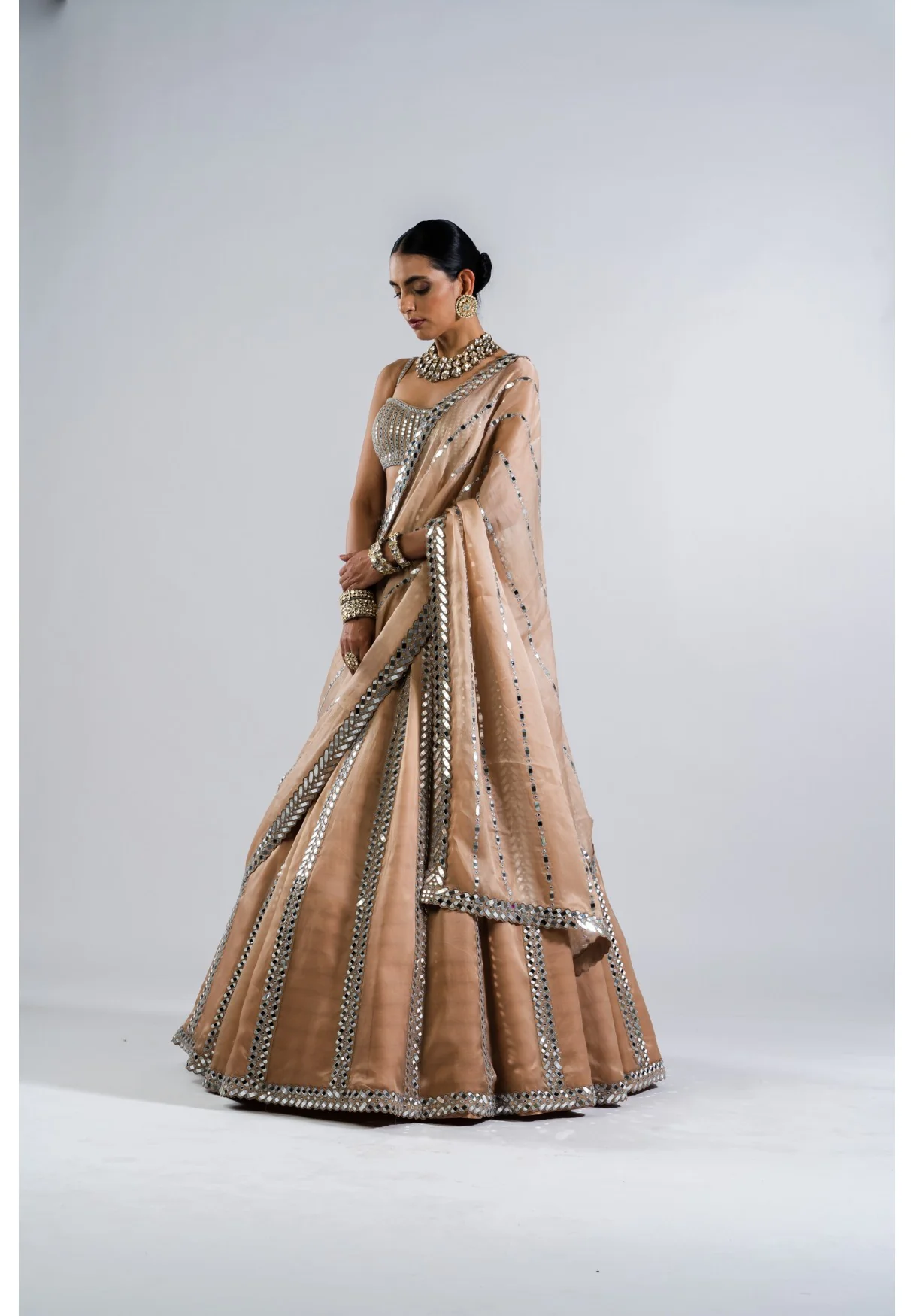 Beige Mirror Seam Lehenga With Mirror Blouse - Image 4