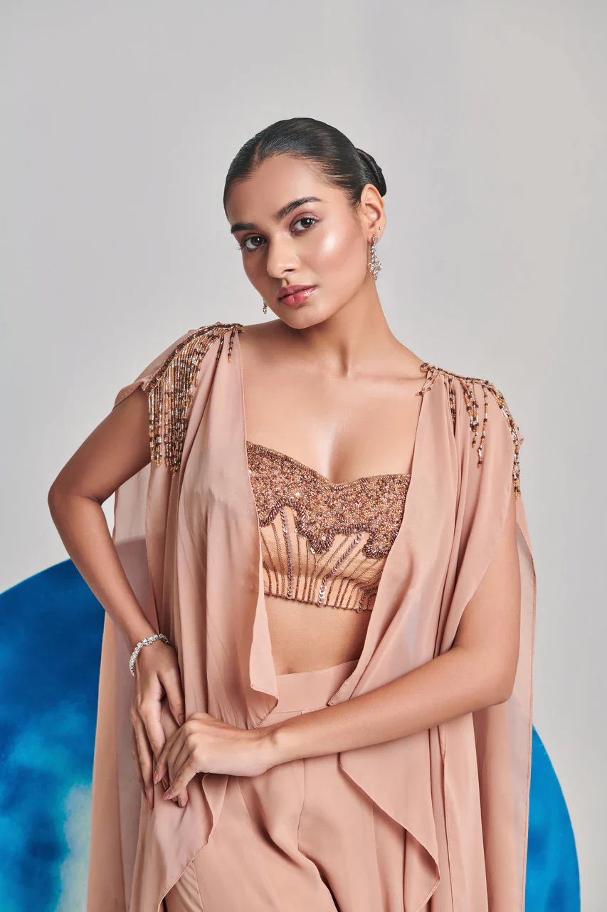 Beige Open Cape And Kalidar Sharara - Image 2
