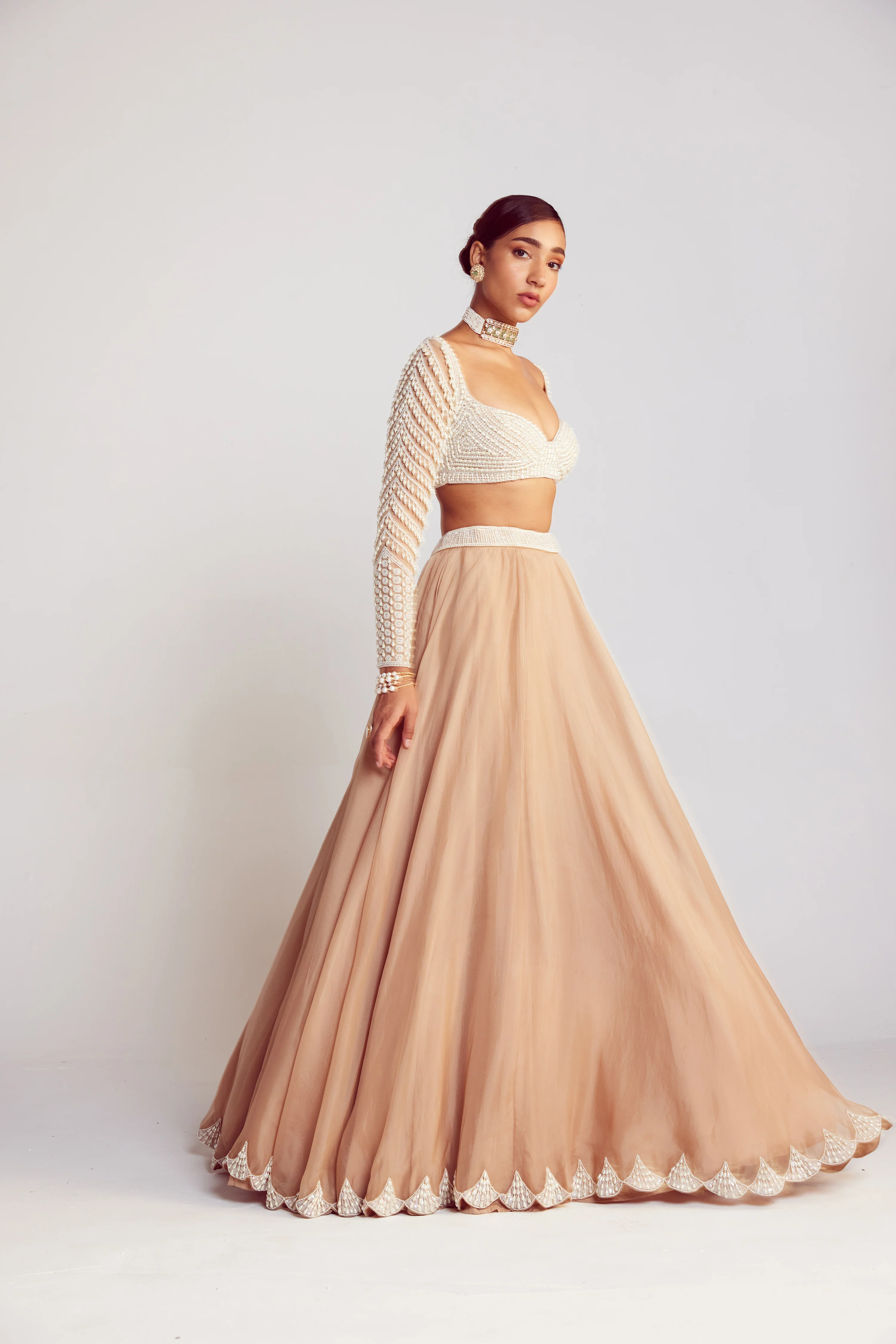 Beige Pearl Chandelier Drop Organza Lehenga Set - Image 3