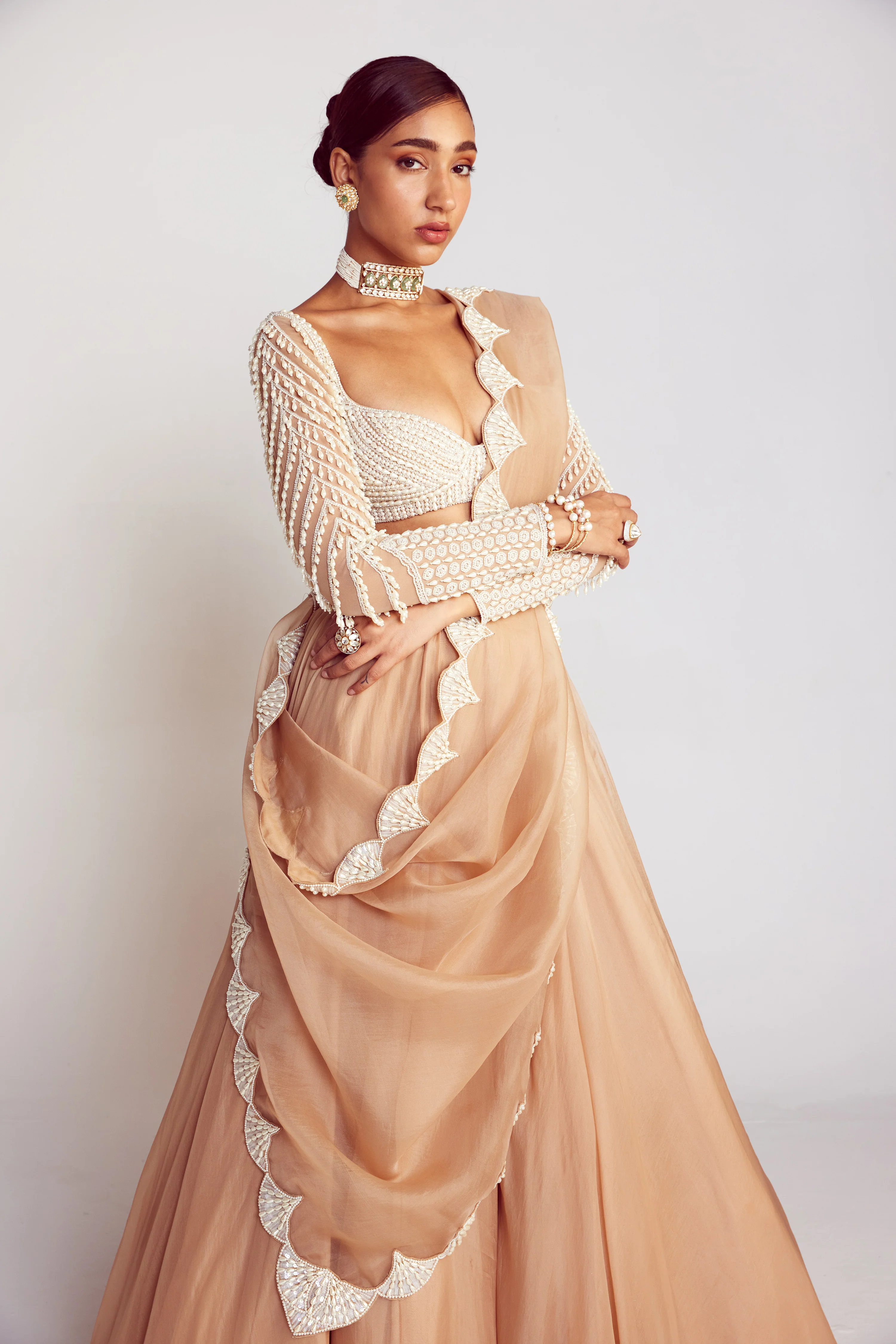 Beige Pearl Chandelier Drop Organza Lehenga Set - Image 4