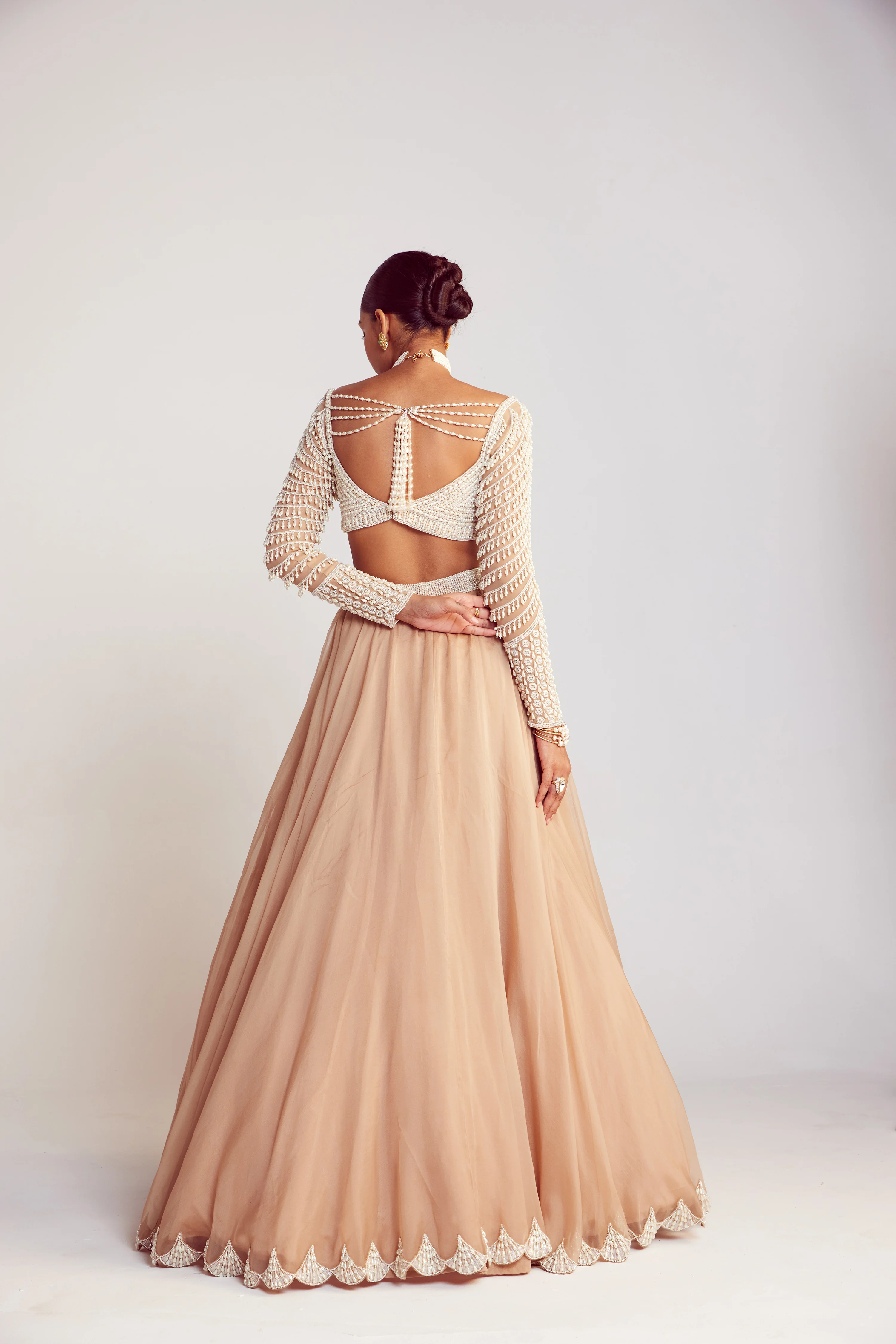 Beige Pearl Chandelier Drop Organza Lehenga Set - Image 5