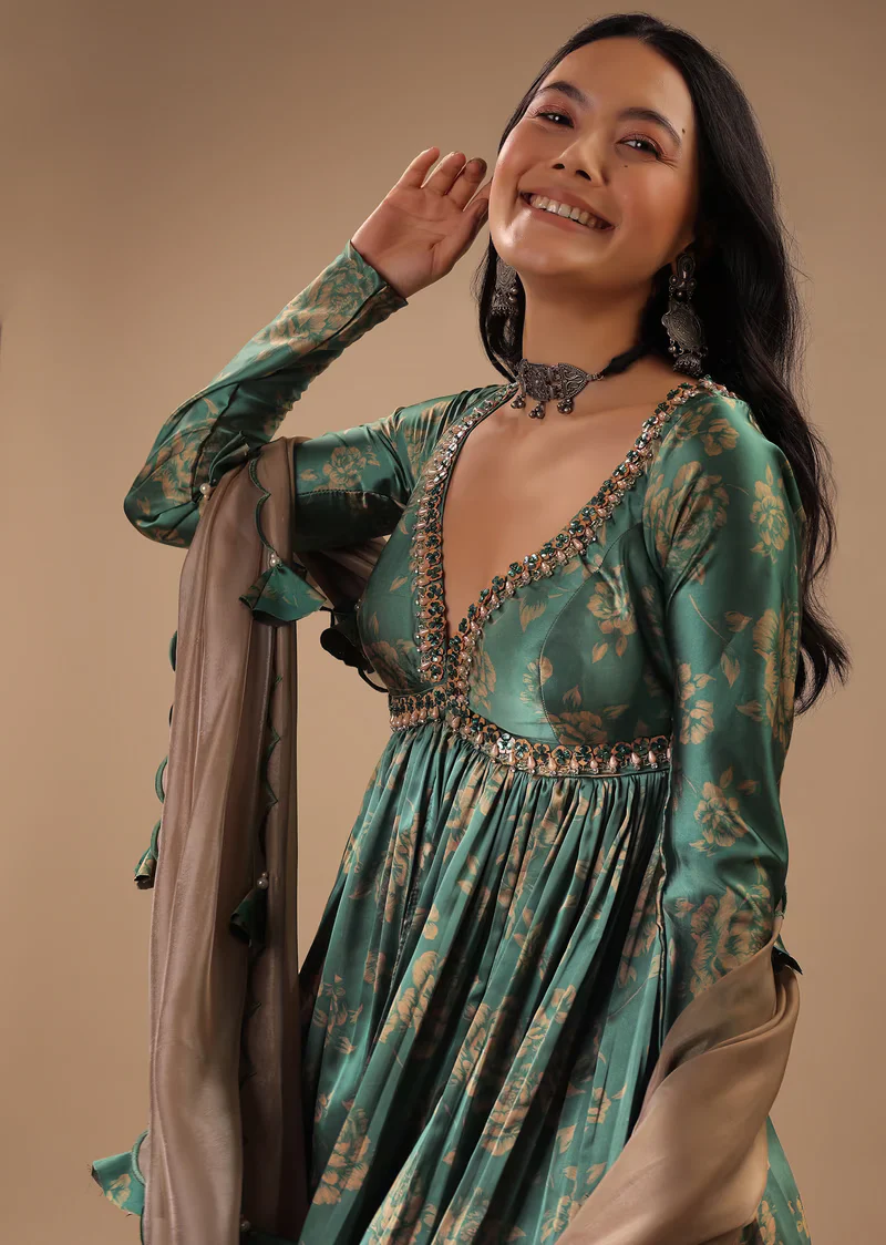 Beryl Green Peplum Sharara Suit With Front Slit And Plunging Neckline - Image 2
