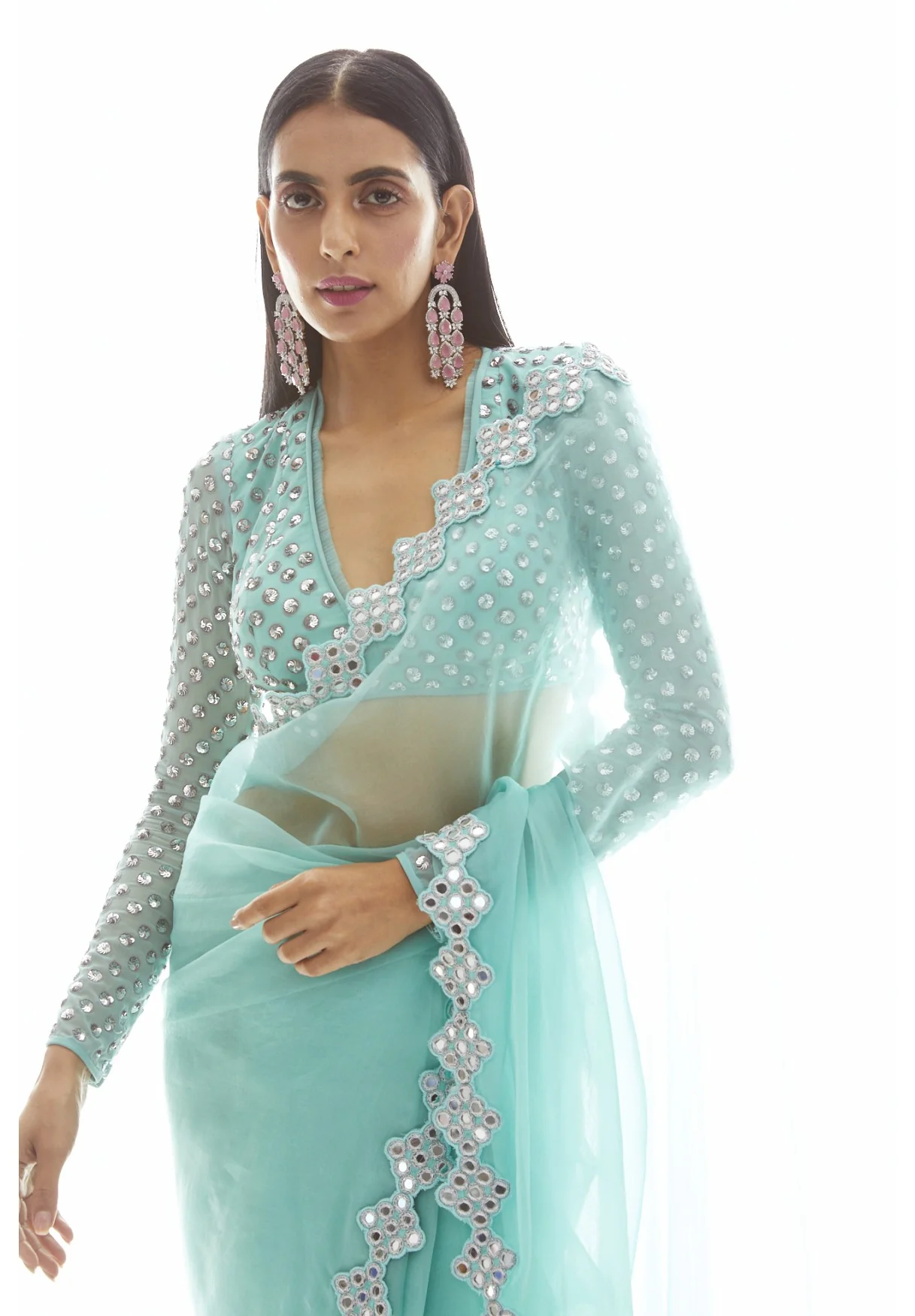 Biscay Green Organza Mirror Border Saree Set - Image 3