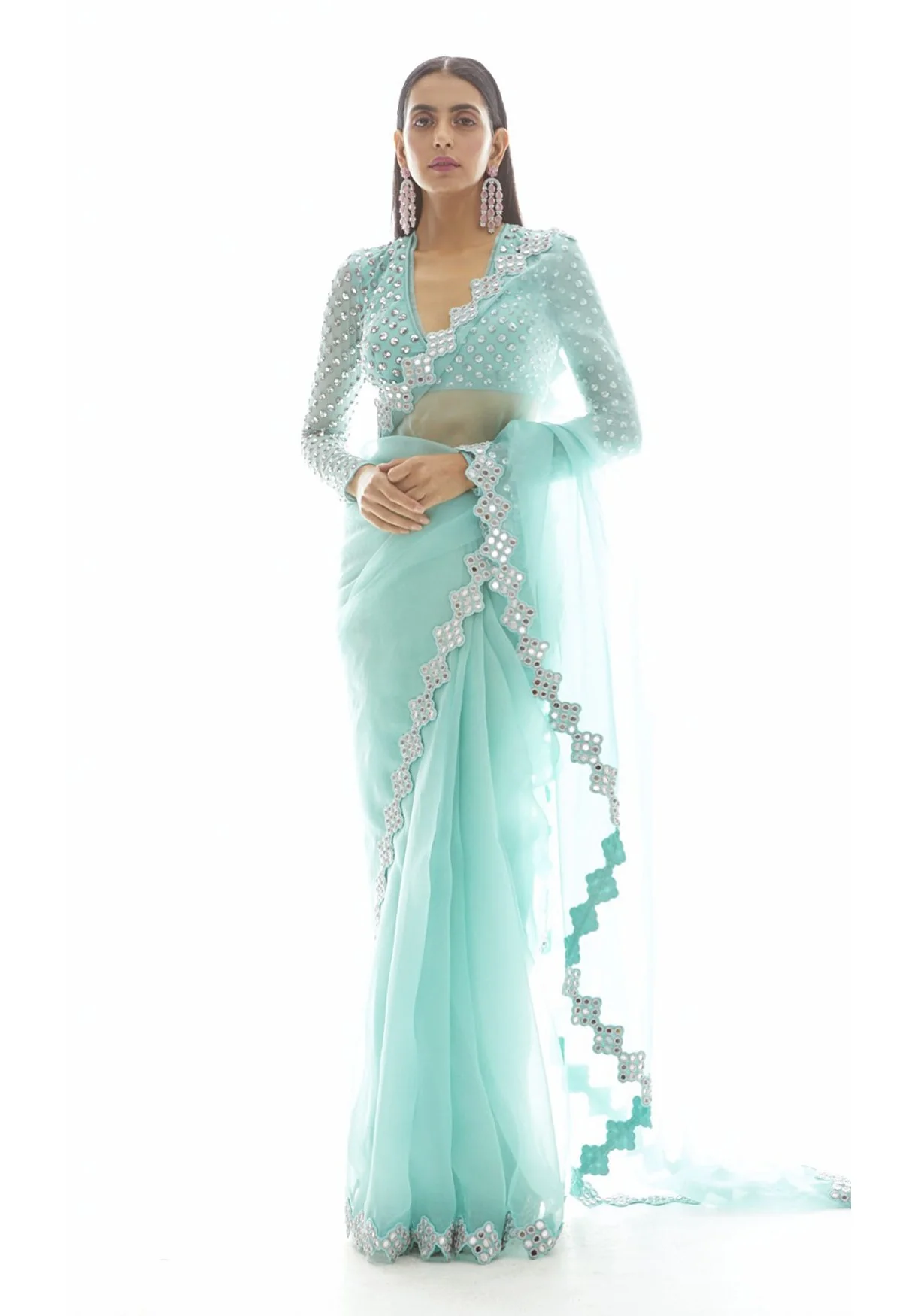 Biscay Green Organza Mirror Border Saree Set - Image 4