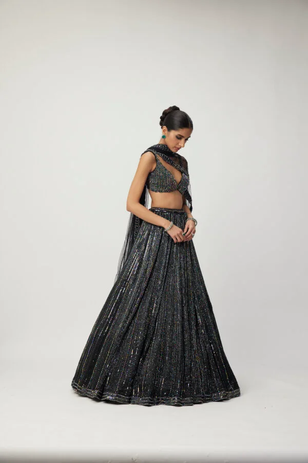 Black Crystal Linear Embroidered Lehenga Set - Image 4