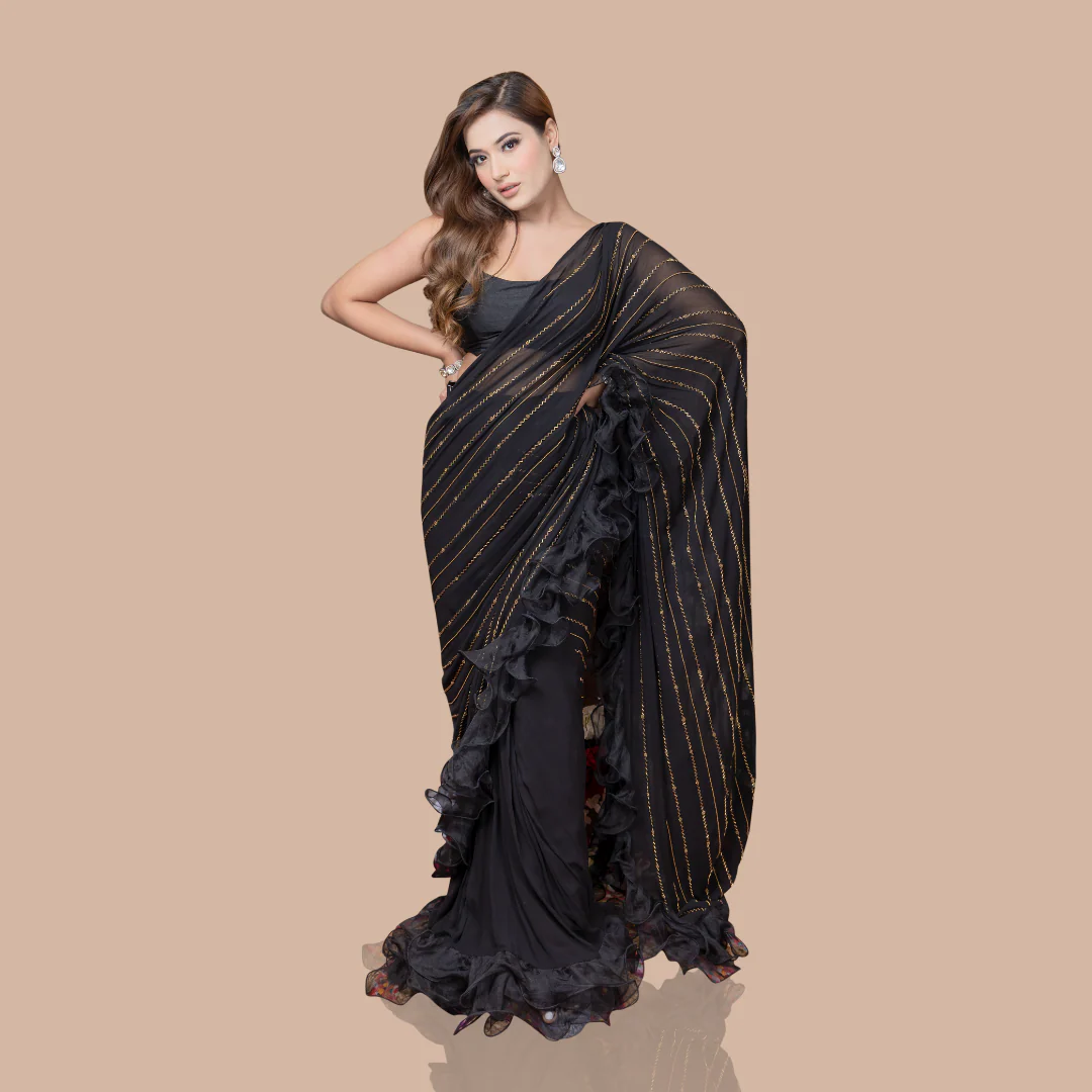 Black Drape Saree With Ruffles And Blouse - Image 3