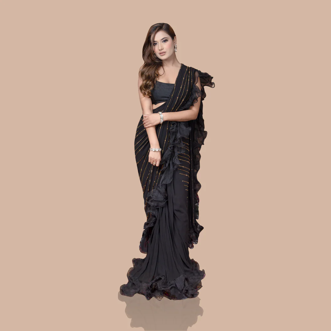 Black Drape Saree With Ruffles And Blouse - Image 4