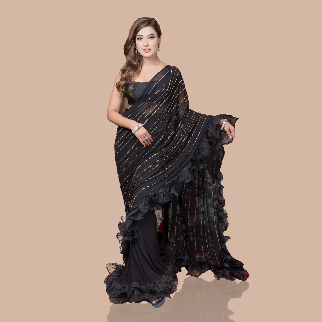Black Drape Saree With Ruffles And Blouse - Image 5