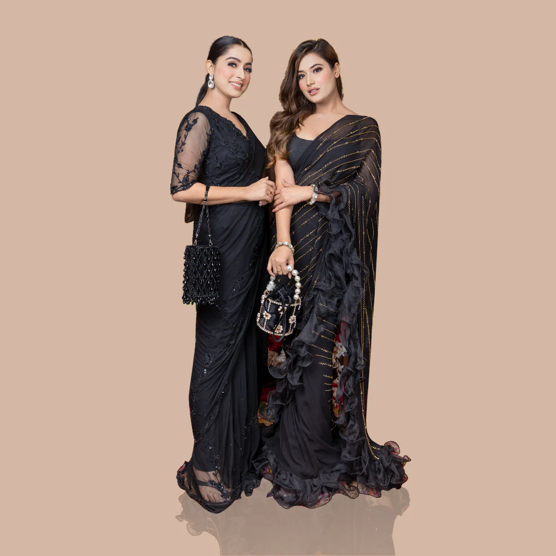 Black Drape Saree With Ruffles And Blouse - Image 6