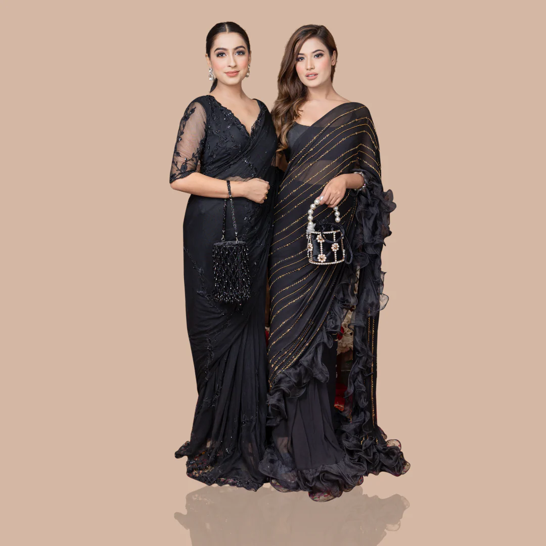 Black Drape Saree With Ruffles And Blouse - Image 7