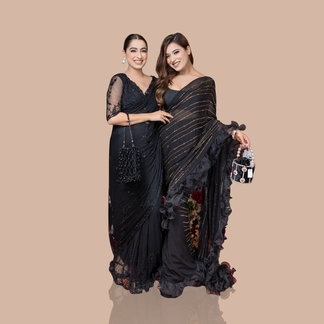 Black Drape Saree With Ruffles And Blouse - Image 8