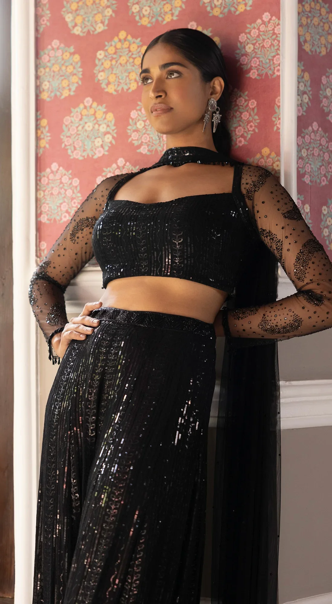 Black Embroidered Sequins Blouse & Sharara Set - Image 2