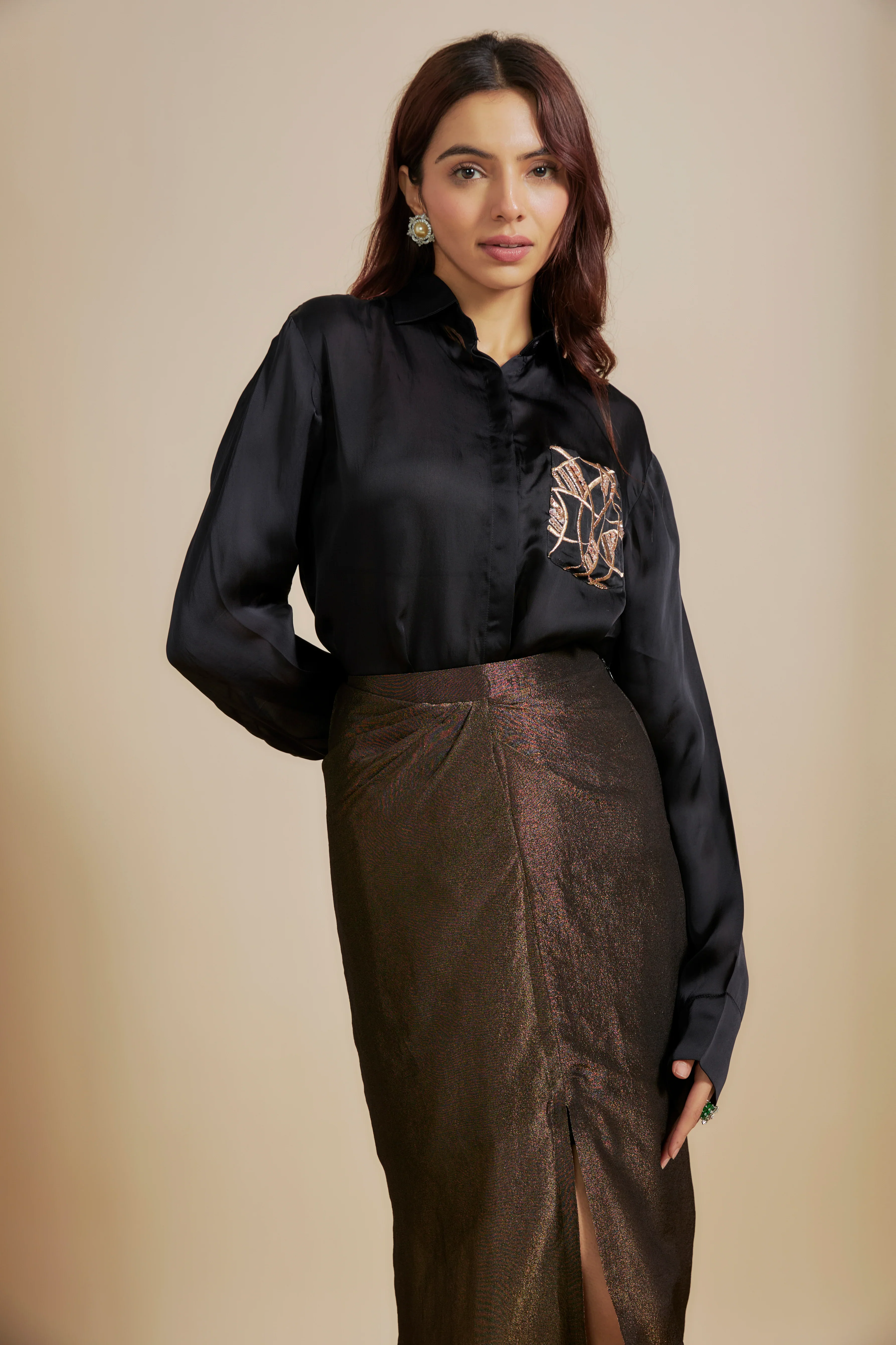 Black Embroidered Shirt With Black Skirt - Image 3