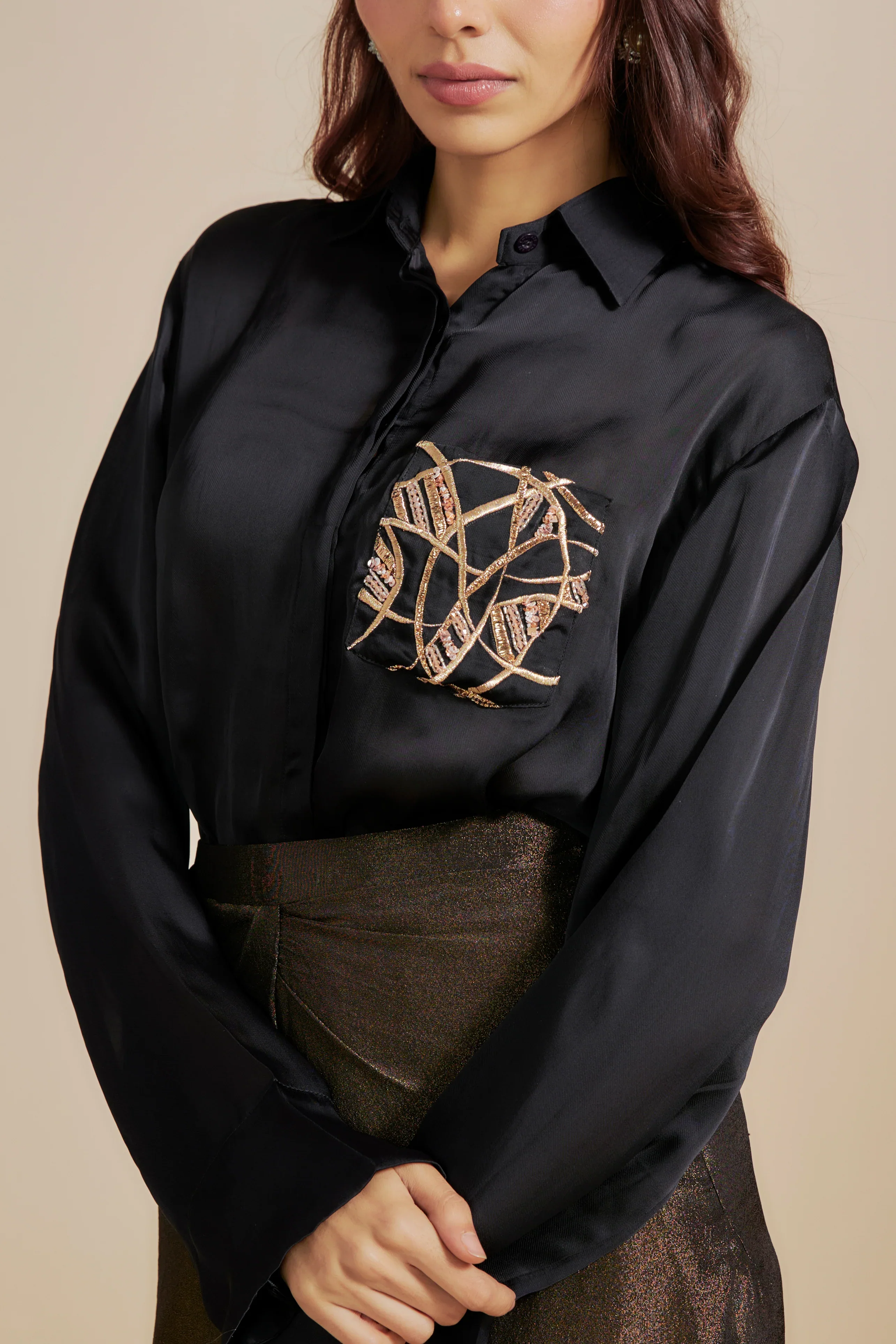 Black Embroidered Shirt With Black Skirt - Image 4