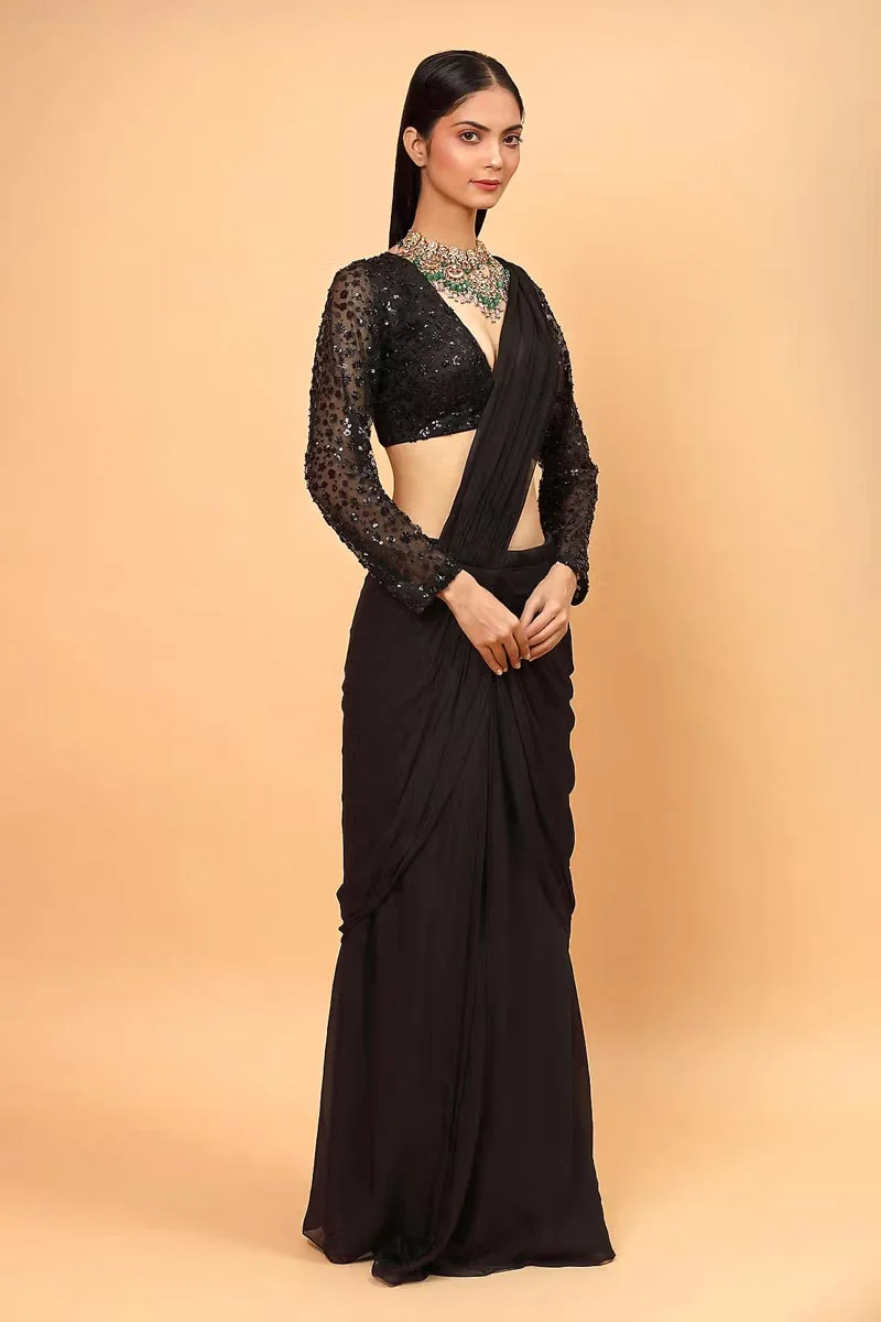 Black Lycra Pre-Draped Saree With Blouse - Image 3