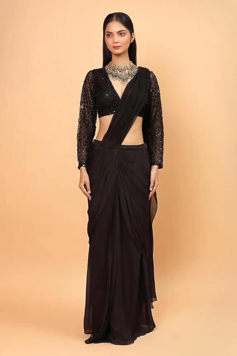 Black Lycra Pre-Draped Saree With Blouse - Image 4