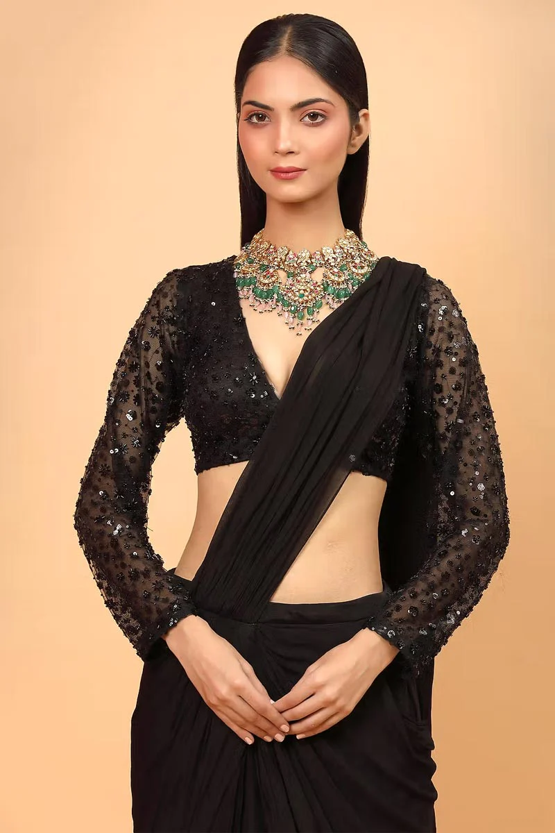 Black Lycra Pre-Draped Saree With Blouse - Image 5