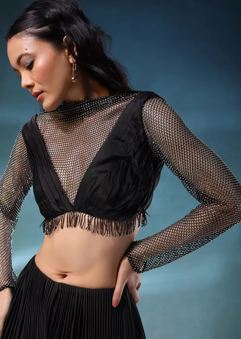 Black Mesh Blouse And Palazzo Set In Satin - Image 2