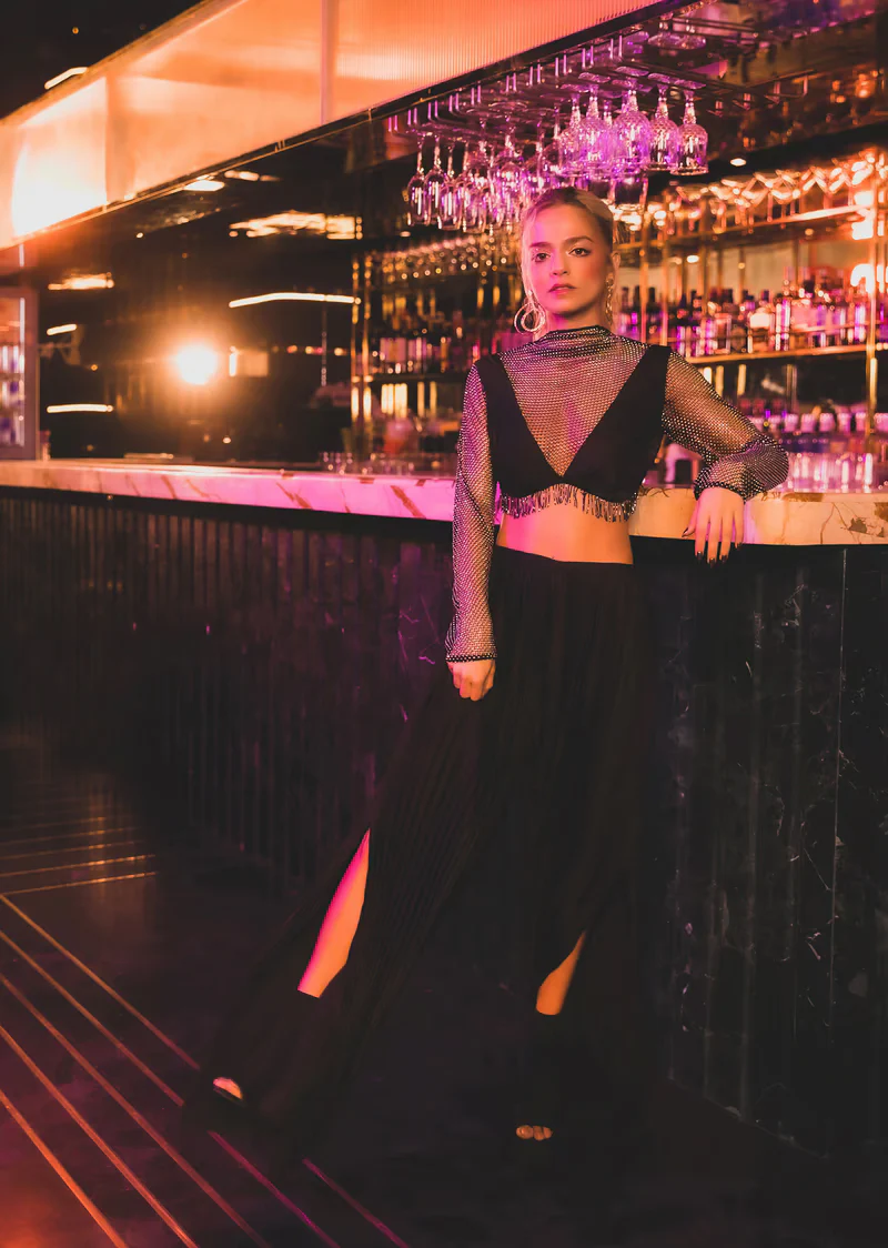 Black Mesh Blouse And Palazzo Set In Satin - Image 3