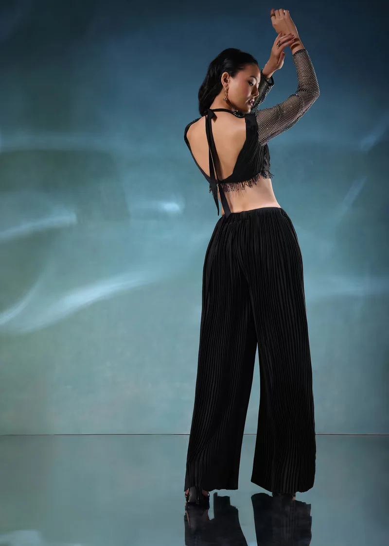 Black Mesh Blouse And Palazzo Set In Satin - Image 4