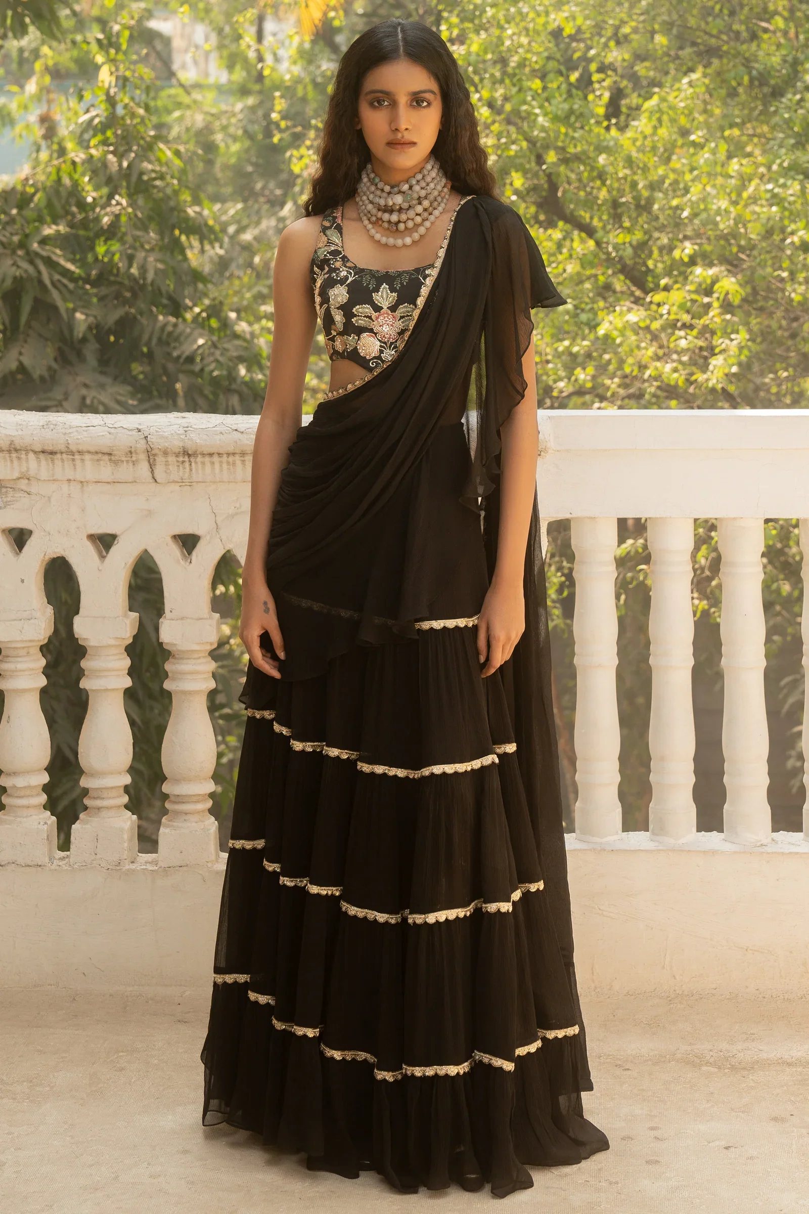 Black Pre–Stitched Chiffon Saree