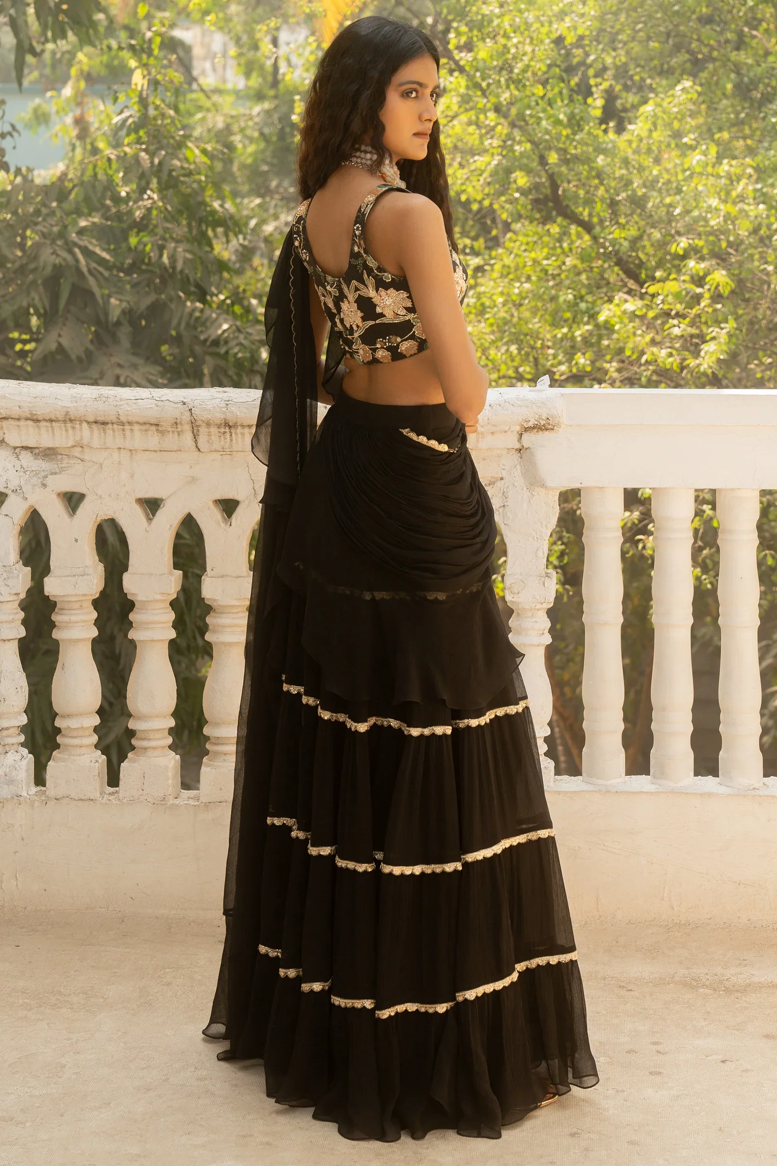 Black Pre–Stitched Chiffon Saree - Image 3