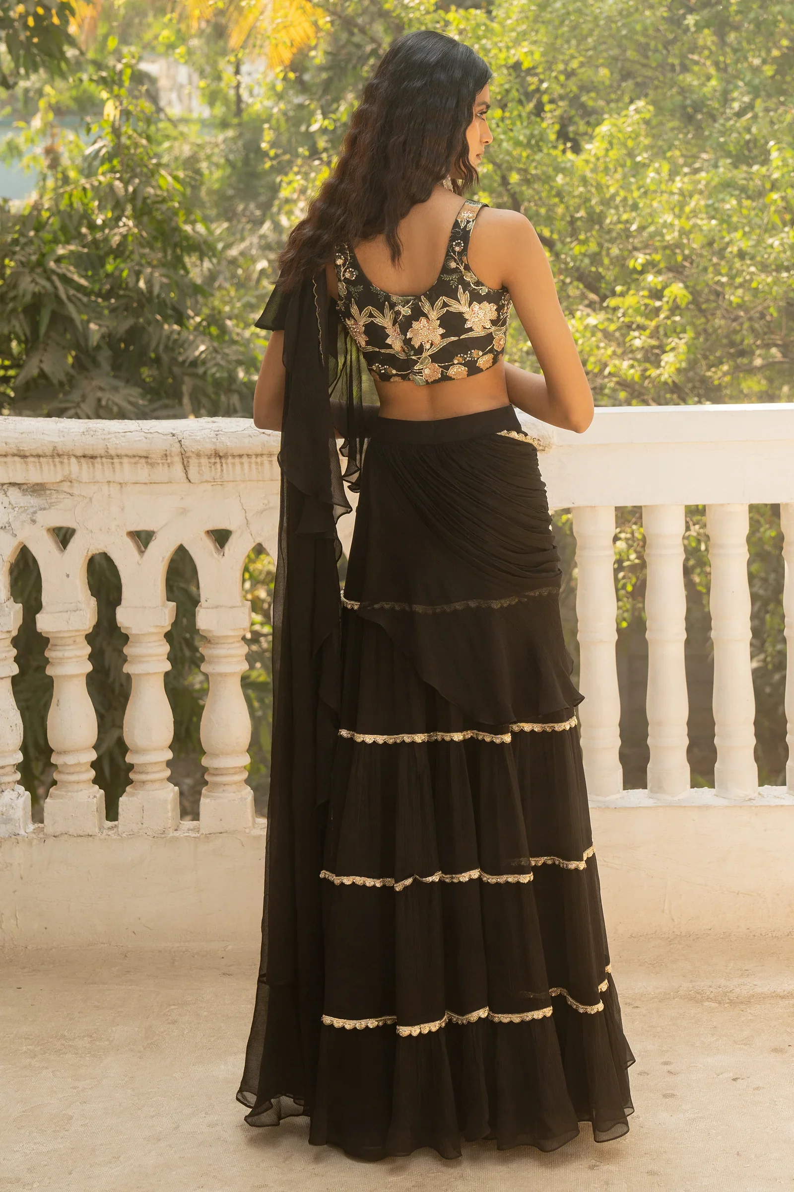 Black Pre–Stitched Chiffon Saree - Image 4
