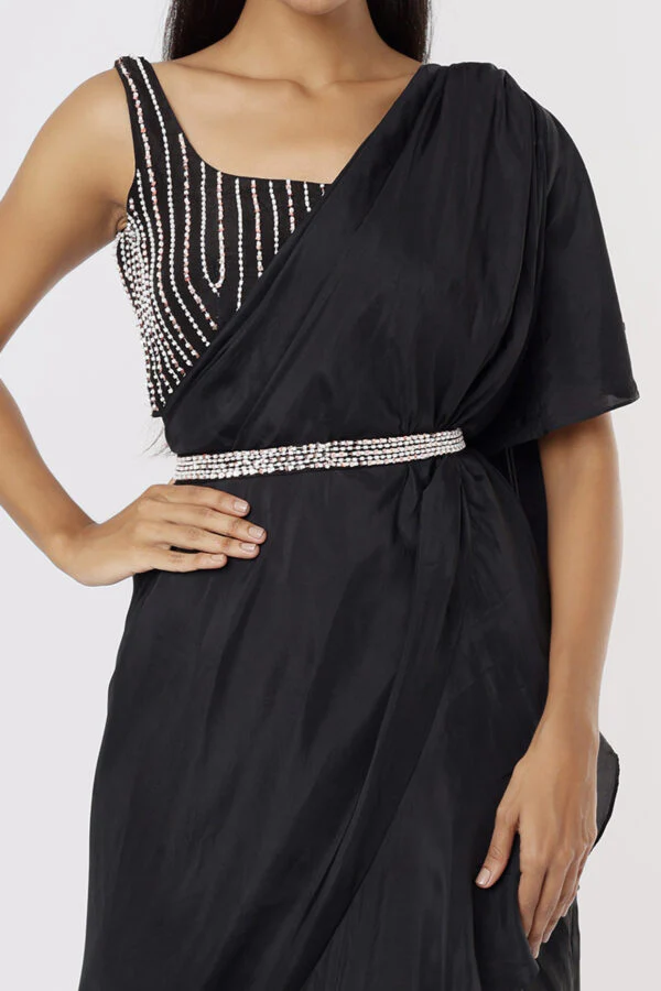 Black Ruffle Saree With Belt - Image 3
