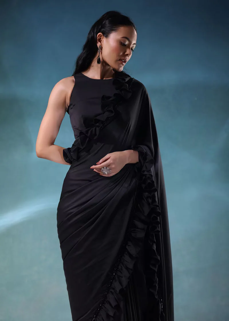 Black Satin Saree With Ruffle Borders And Satin - Image 2