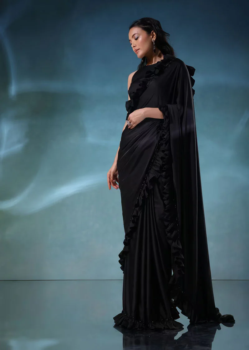 Black Satin Saree With Ruffle Borders And Satin - Image 3