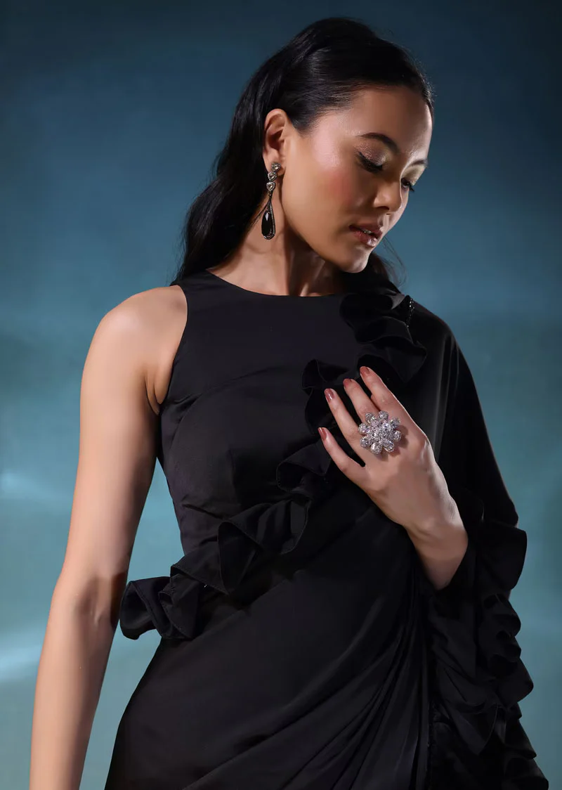 Black Satin Saree With Ruffle Borders And Satin - Image 4