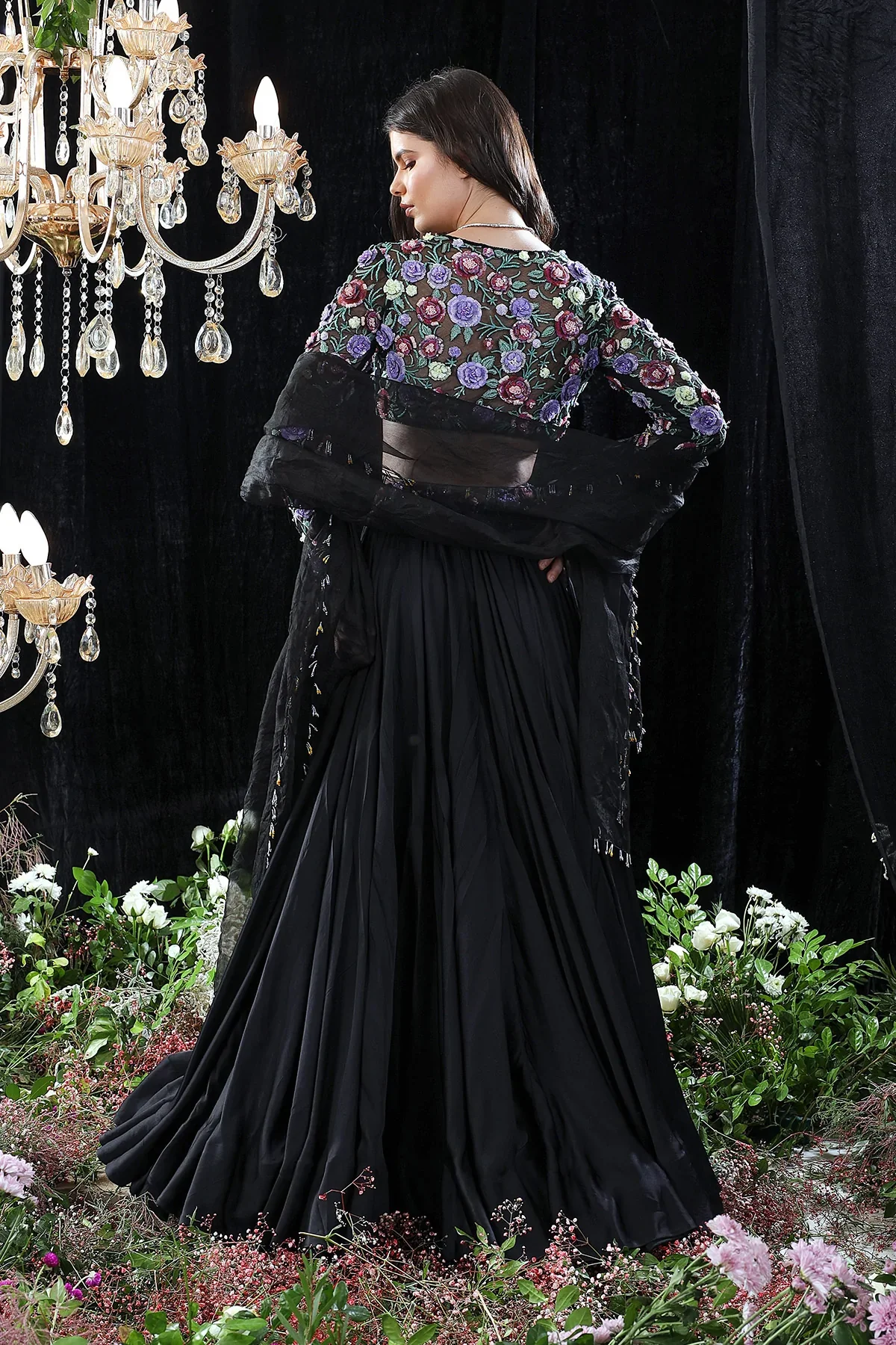 Black Shantoon Marie Satin Organza Lehenga Set - Image 2