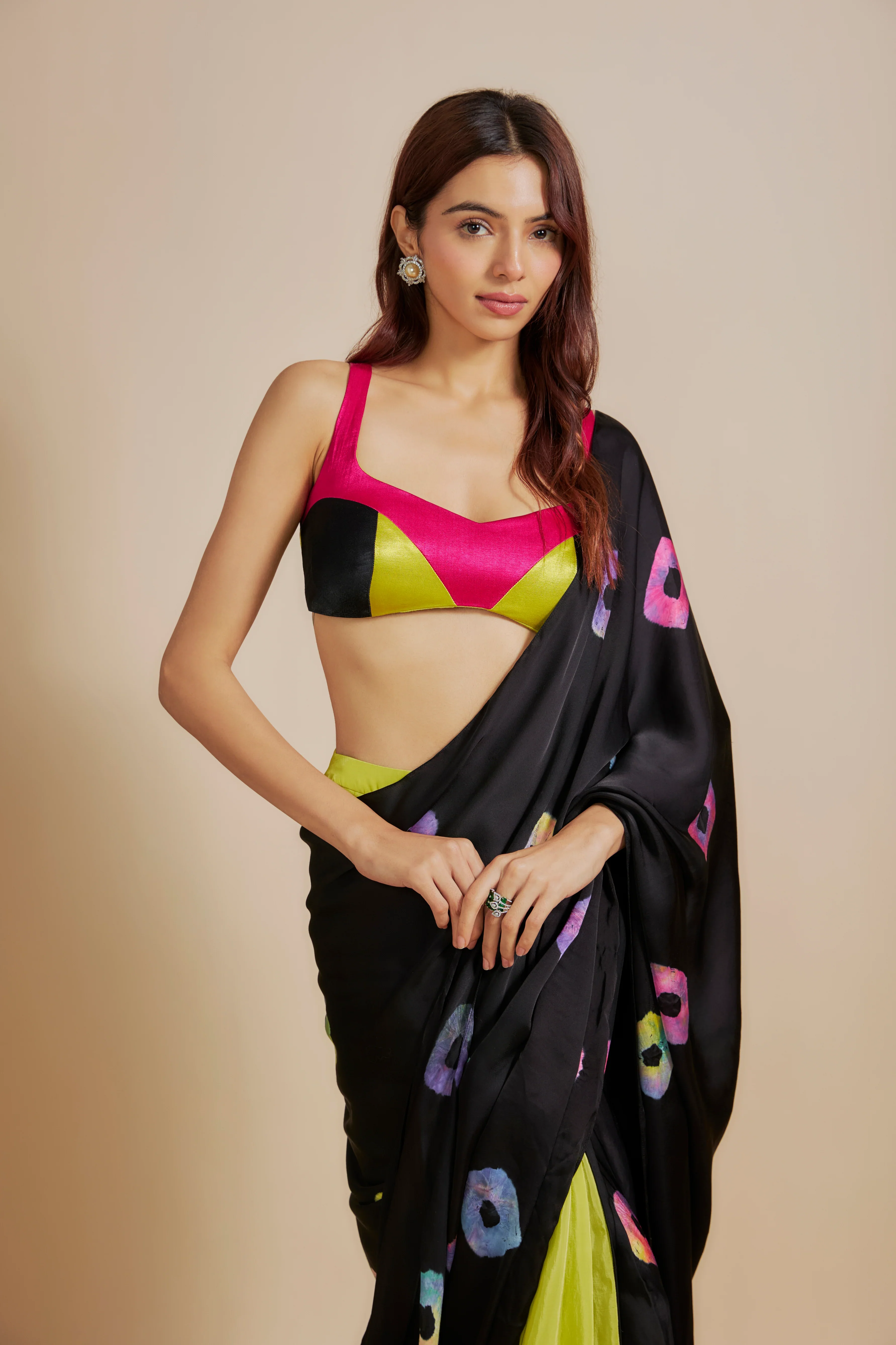 Black Shibori Saree With Multi-Colour Blouse - Image 3