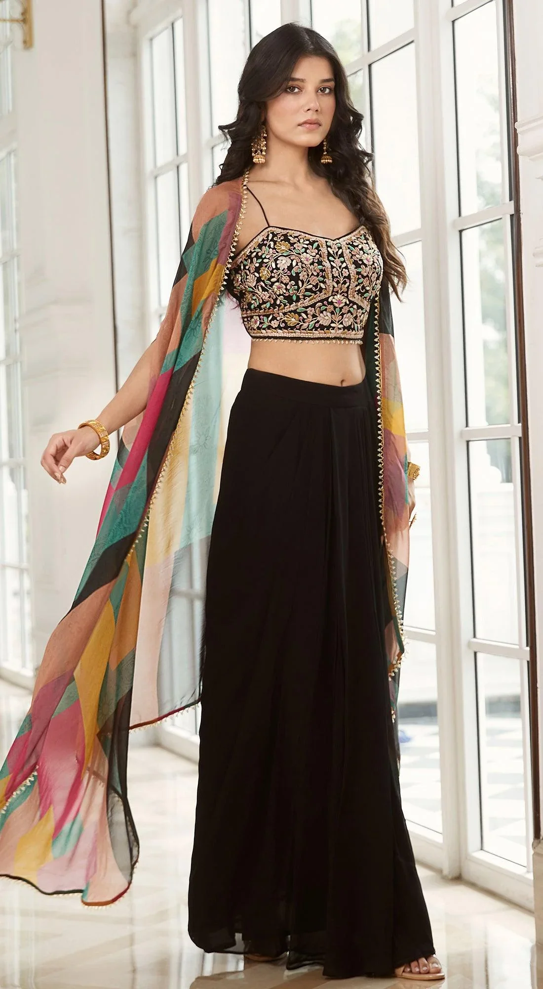 Black Skirt Set With Cape - Image 3