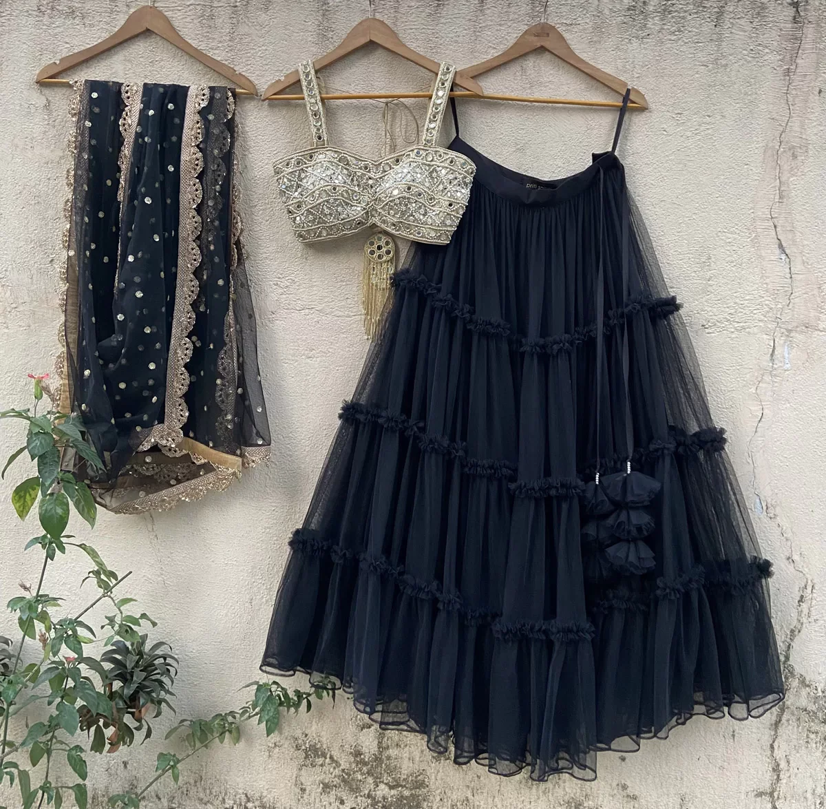 Black Tier Lehenga Set with Mirror Blouse