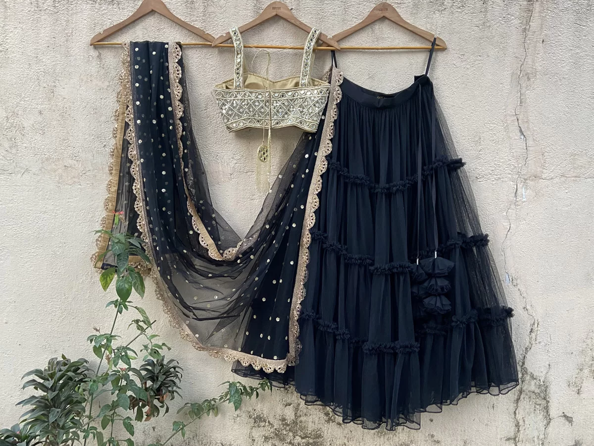 Black Tier Lehenga Set with Mirror Blouse - Image 2