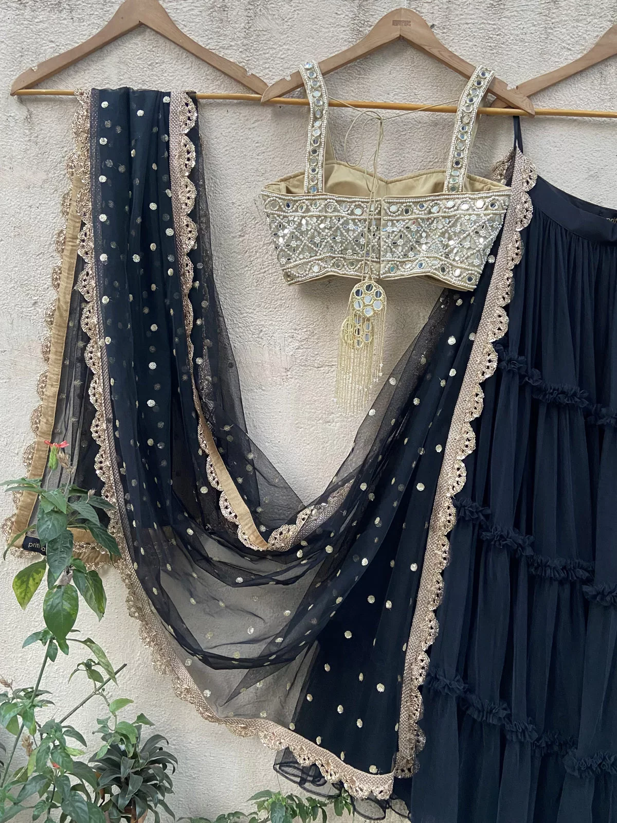 Black Tier Lehenga Set with Mirror Blouse - Image 4