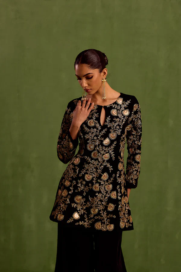 Black Velvet Embroidered Dabka Keyhole Kurta With Sharara - Image 2