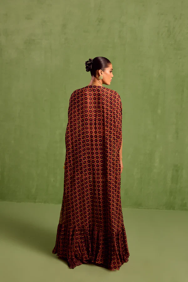 Black Viscose Chinon Embellished Bead Geometric Printed Asymmetric Gharara Set - Image 7