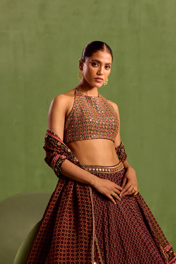 Black Viscose Chinon Embellished Bead Round Floral Geometric Printed Lehenga Set - Image 2