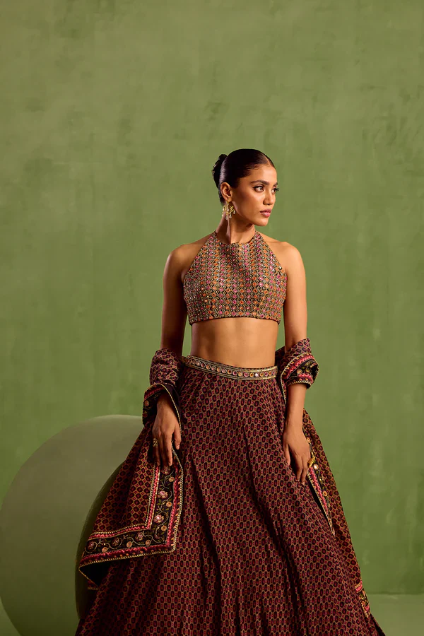 Black Viscose Chinon Embellished Bead Round Floral Geometric Printed Lehenga Set - Image 3