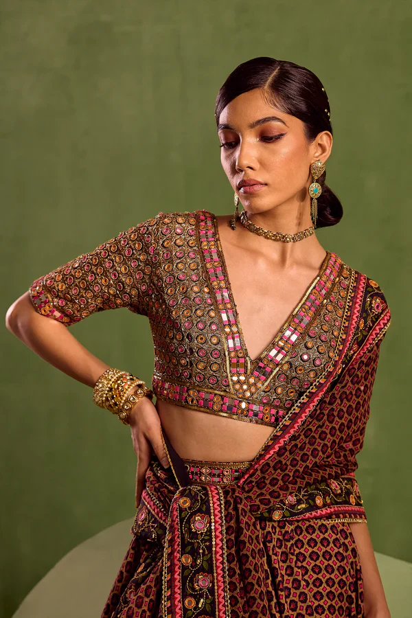 Black Viscose Raw Silk Print Butti V Neck Miniature Lehenga Set - Image 2