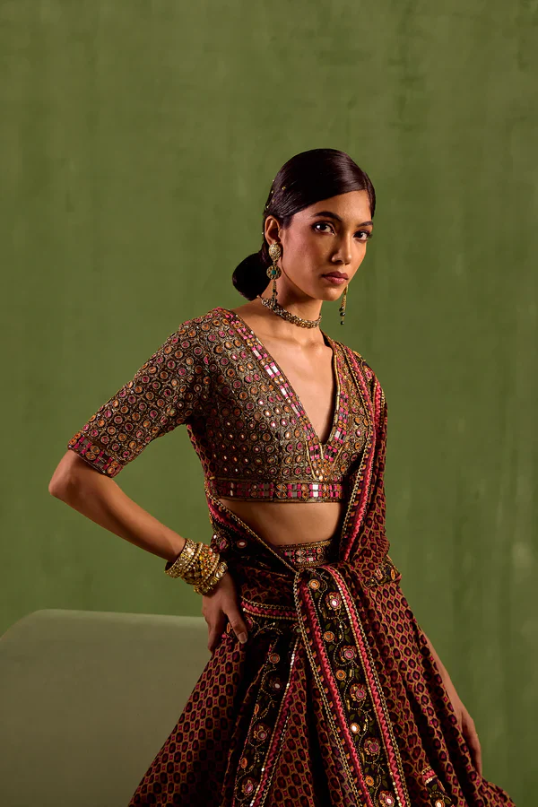 Black Viscose Raw Silk Print Butti V Neck Miniature Lehenga Set - Image 3