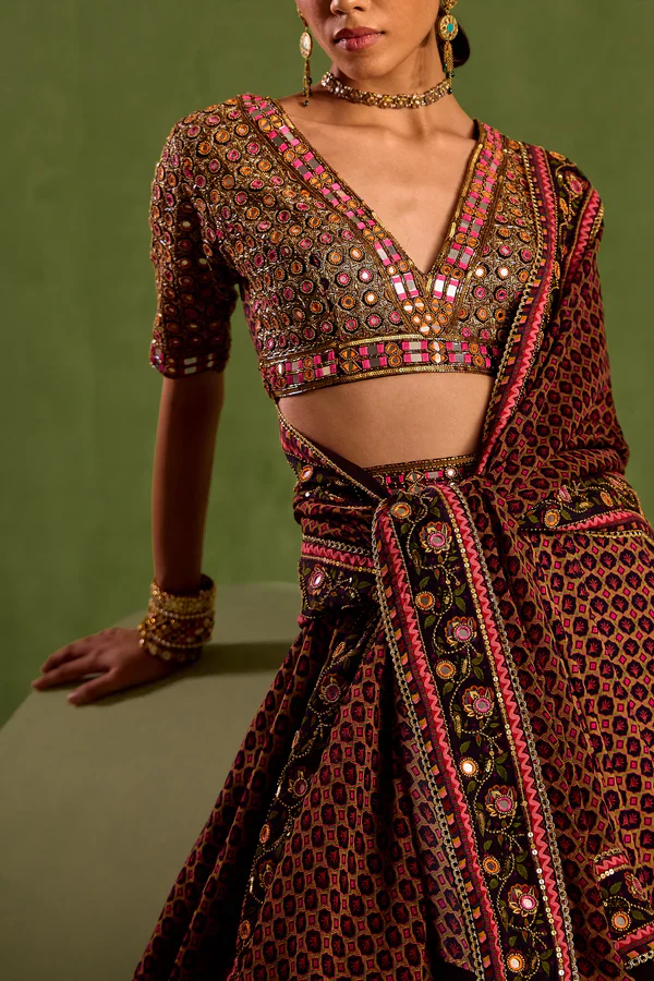 Black Viscose Raw Silk Print Butti V Neck Miniature Lehenga Set - Image 4